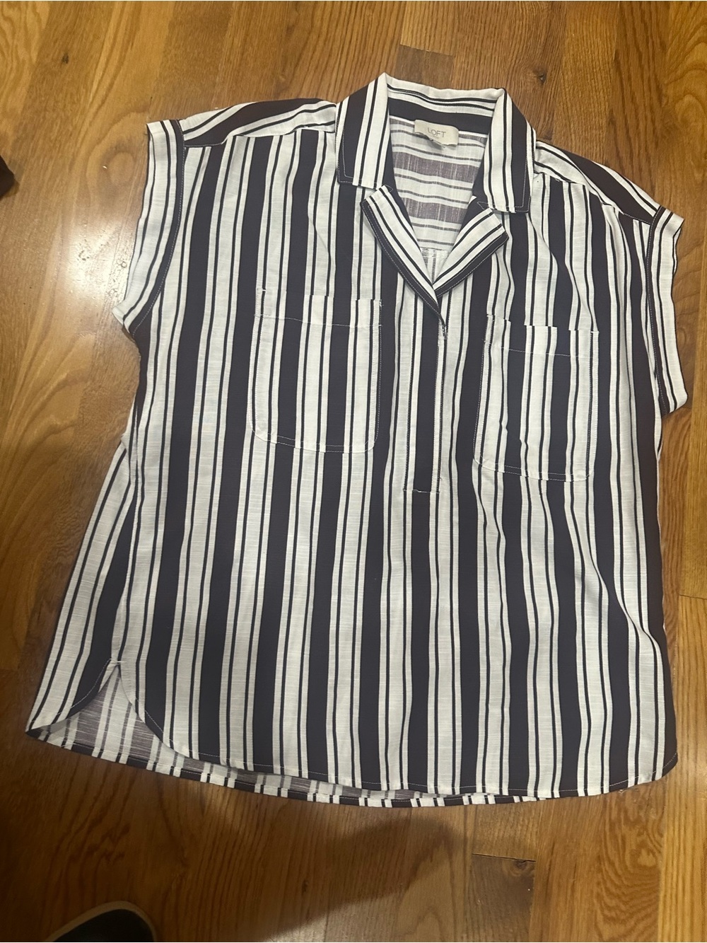 Brown and White Vertical Stripe Short-Sleeve 3/4 Button Down Loft outlet small